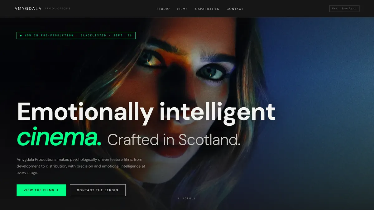 The Amygdala Productions homepage hero: "Emotionally intelligent cinema. Crafted in Scotland." over a cinematic close-up.